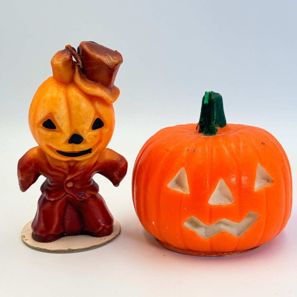 Vintage Gurley Halloween Candles Pumpkin Man Top Hat Jack O Lantern Set of 2